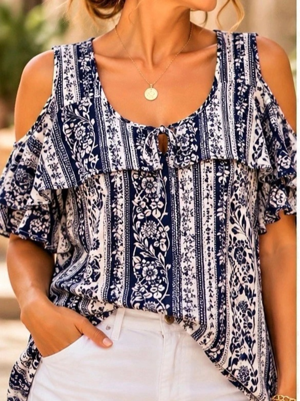 IZ Byer L Navy White Floral Cold Shoulder Ruffle Boho Blouse